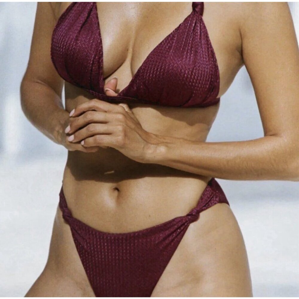 Berlook Burgundy Wine Bikini Knot Swimsuit M Top L Bottom Strappy RARE NEW